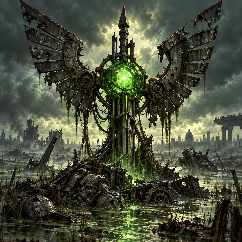 Ad Victoriam cover artwork: an armored steel standard rising from a flooded marsh battlefield, broken mechanical wings surrounding a bright green power core.