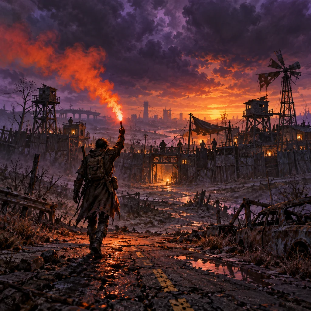 Another Settlement Needs Our Help cover artwork: a desperate settlement at dusk, ramshackle defensive walls and one weary silhouette carrying a flare into a ruined road.