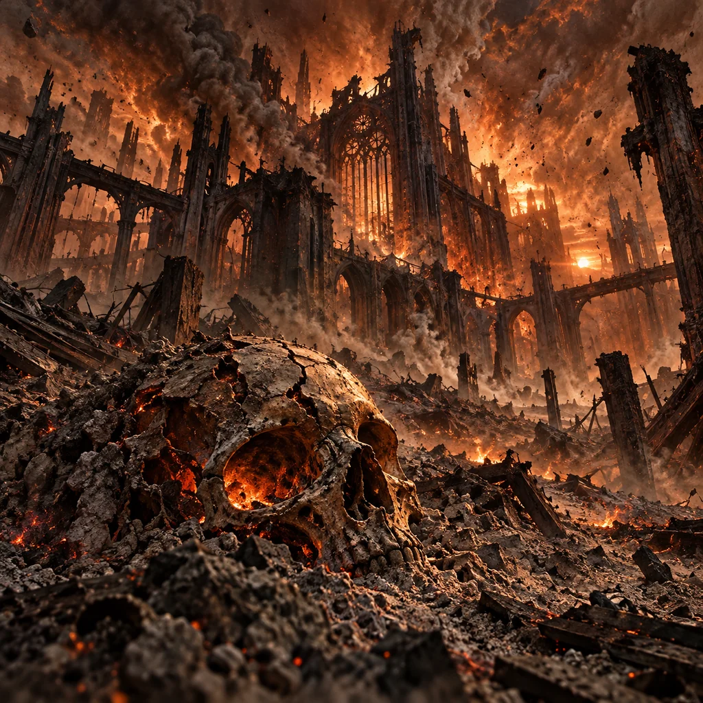 Ashes and Dust cover artwork: a cathedral of blackened industrial ruins collapsing into a storm of ash, a single ember-lit cracked skull half buried in dust.