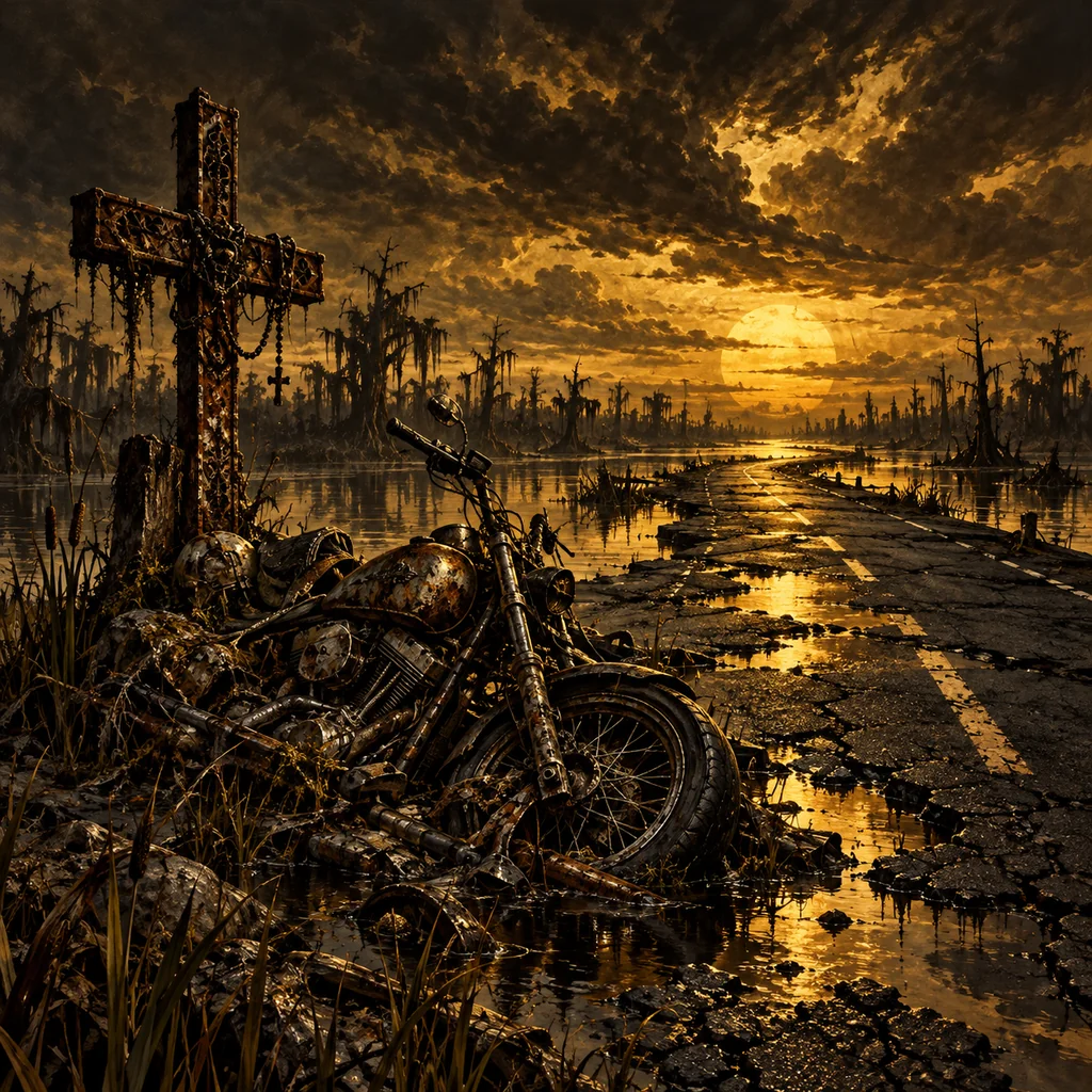 Blacktop Requiem cover artwork: an endless cracked blacktop highway through a drowned southern swamp, a wrecked motorcycle beside a rusted roadside cross.