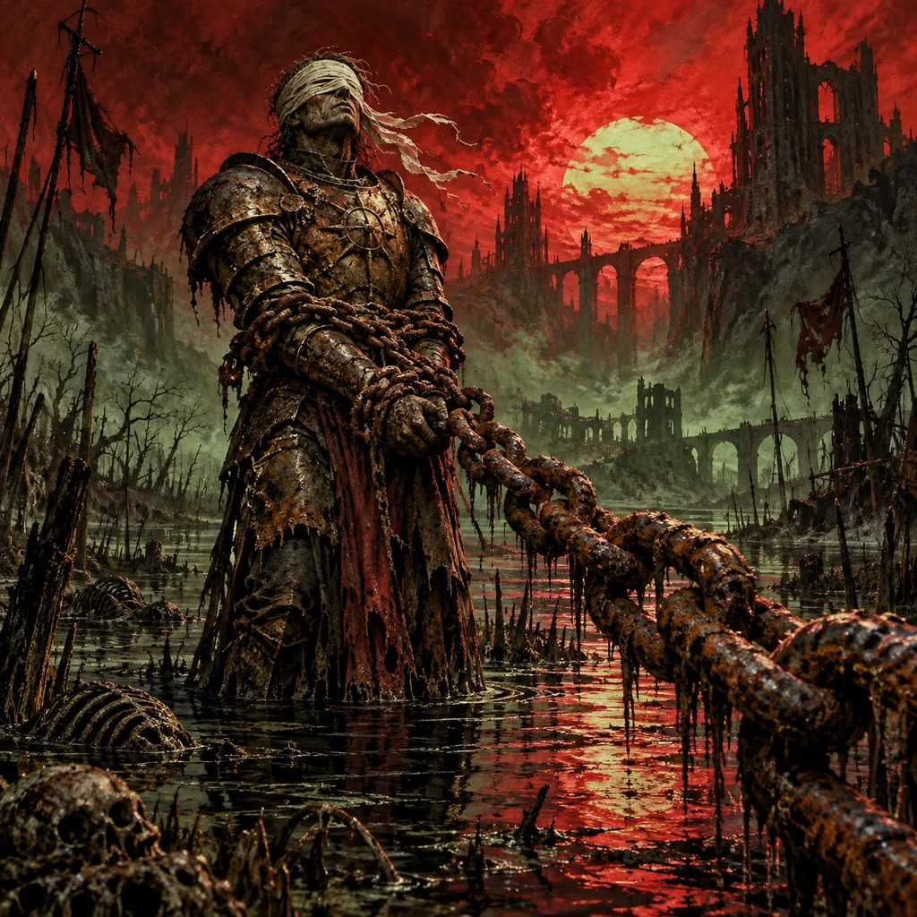 Blind Loyalty cover artwork: a blindfolded armored sentinel bound to an enormous corroded chain, standing ankle deep in black marsh water.