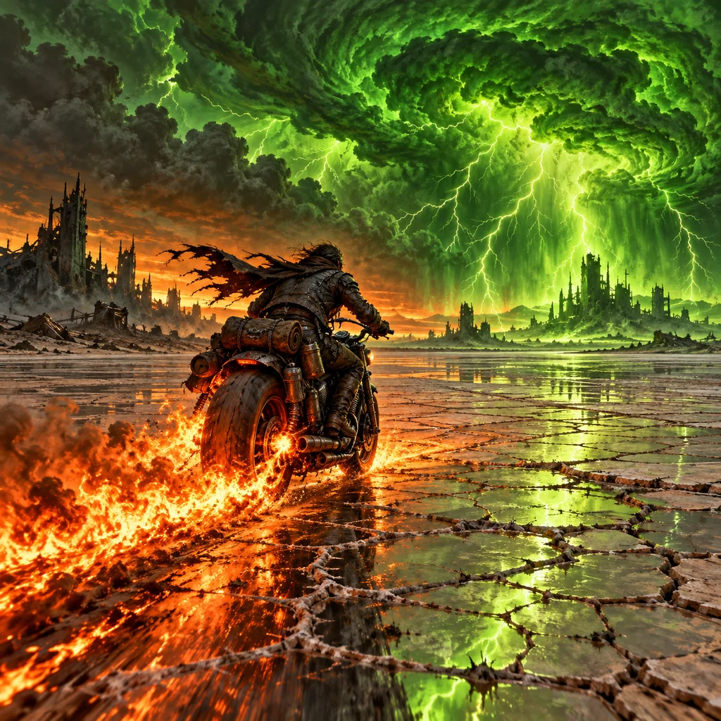 Born to Run the Wasteland cover artwork: a lone motorcycle rider racing across a salt flat toward a radioactive green lightning storm, long trail of fire behind.