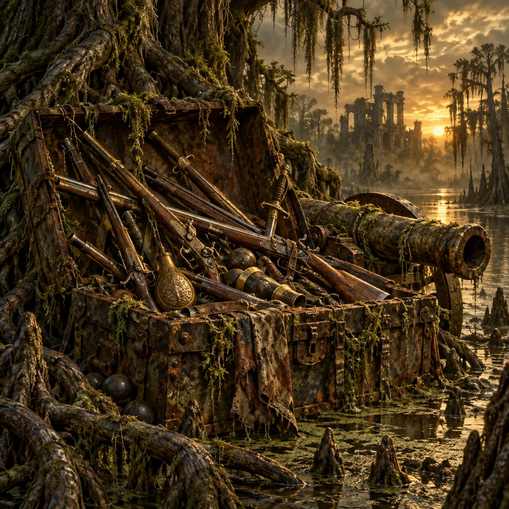 Bring Out the Old Guns cover artwork: a rusted weapons chest bursting open beneath ancient cypress roots, antique rifles and an old cannon under hanging moss.