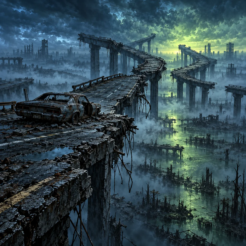 Broken Roads cover artwork: a shattered elevated freeway splitting into impossible jagged paths above a misty poisoned swamp, abandoned car at the edge.