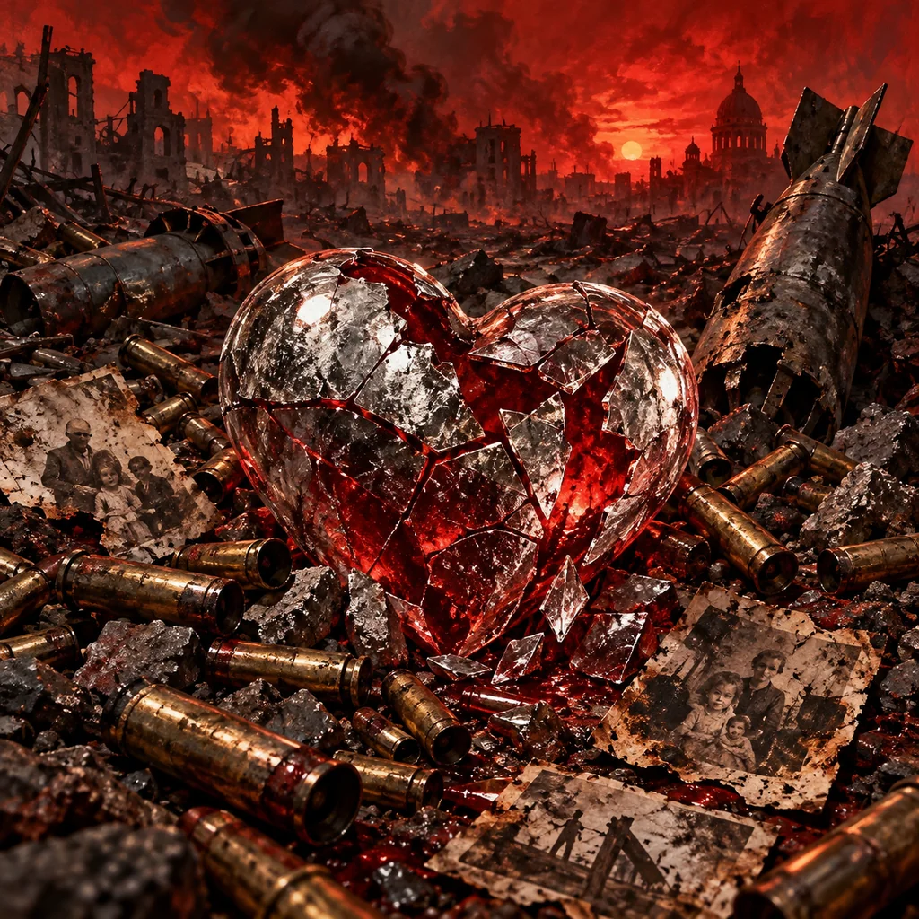 Bullets, Bombs and Broken Dreams cover artwork: a cracked dreamlike glass heart surrounded by spent cartridge cases, broken aerial bombs and scorched family photographs.