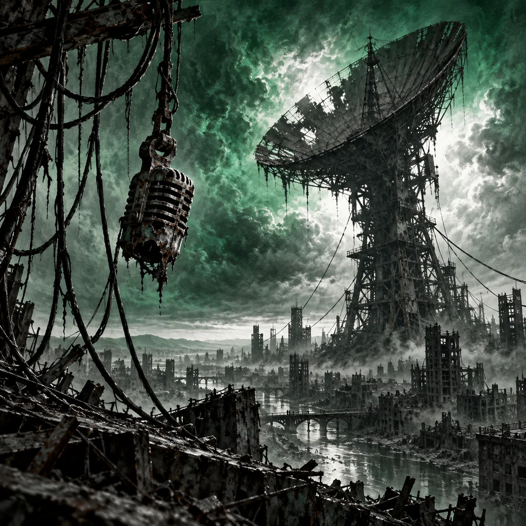 Dead Air cover artwork: a dead radio transmitter looming over an empty city, tangled black cables and a ruined microphone hanging in the foreground.