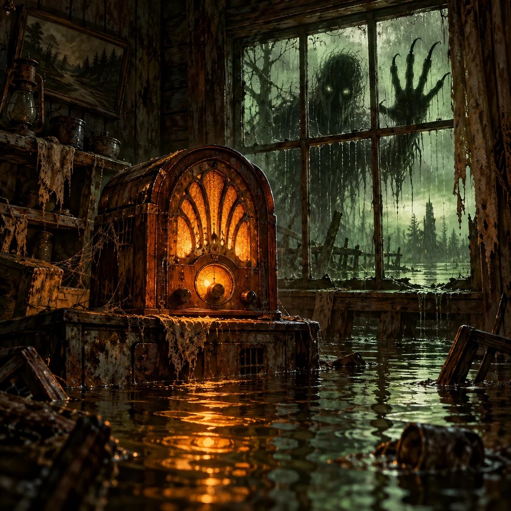 Don't Answer the Radio cover artwork: a glowing antique table radio alone in a flooded cabin, an inhuman shadow pressing against the window behind it.