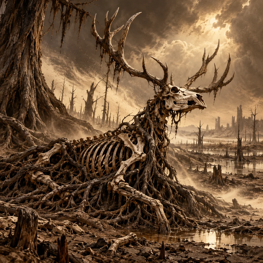 Dust and Bone cover artwork: a stag skeleton entangled with cypress roots in a dry marsh, wind whipping bone-white dust across the dark earth.