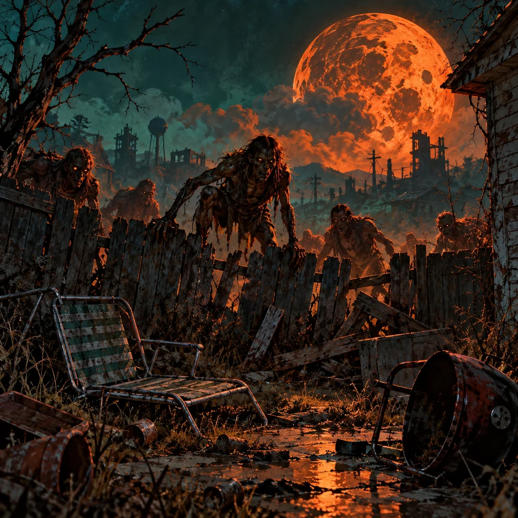 Ferals in My Backyard cover artwork: ragged feral silhouettes emerging behind a broken backyard fence, overturned lawn furniture and a radioactive moon.