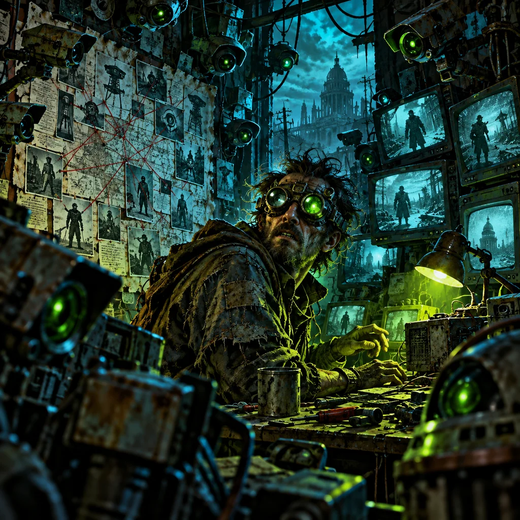 I Told You They Were Watching (Tinker Tom) cover artwork: a paranoid inventor in patched goggles surrounded by makeshift cameras and a conspiracy wall, watchful mechanical lenses in every shadow.