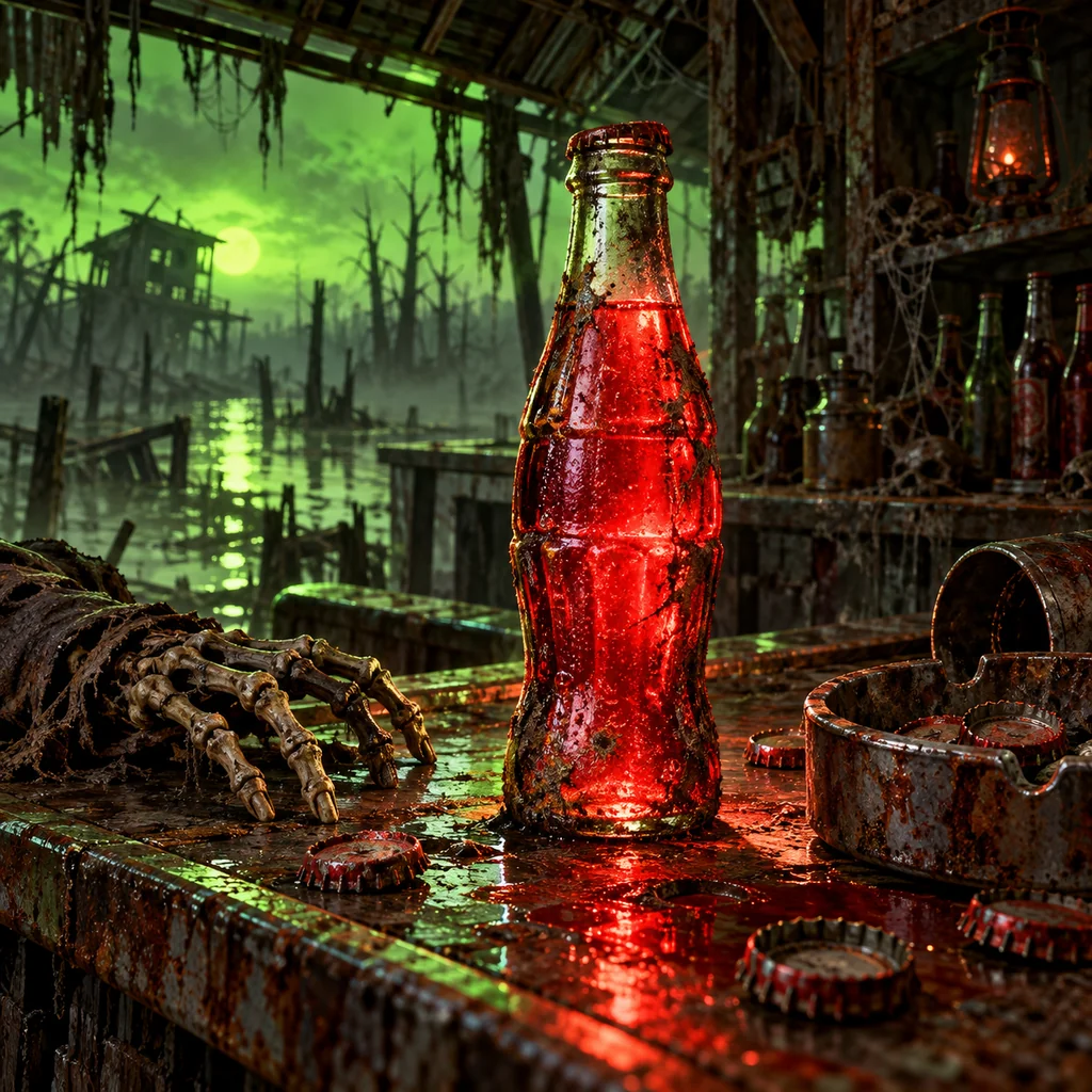 Just One More Nuka-Cola cover artwork: a battered glowing red soda bottle on a rusted bar in a swamp shack, bottle caps and skeletal fingers nearby.