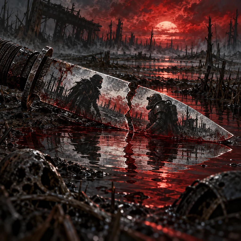Kill or Be Killed cover artwork: two opposing armored silhouettes reflected in the two halves of a shattered combat knife above dark marsh water.