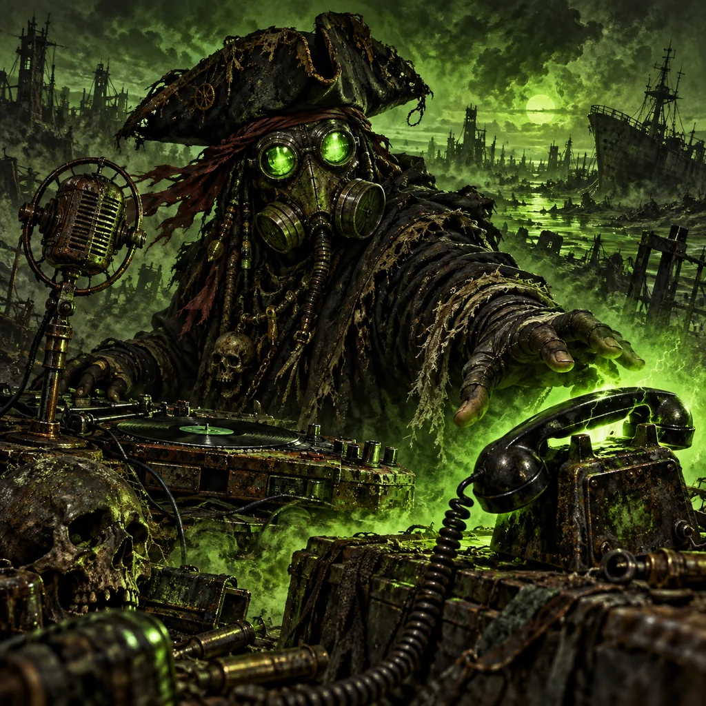 Mister The Plague Is Calling cover artwork: a hooded gas-mask pirate DJ reaching toward a ringing field telephone beside an old microphone, glowing green goggle lenses.