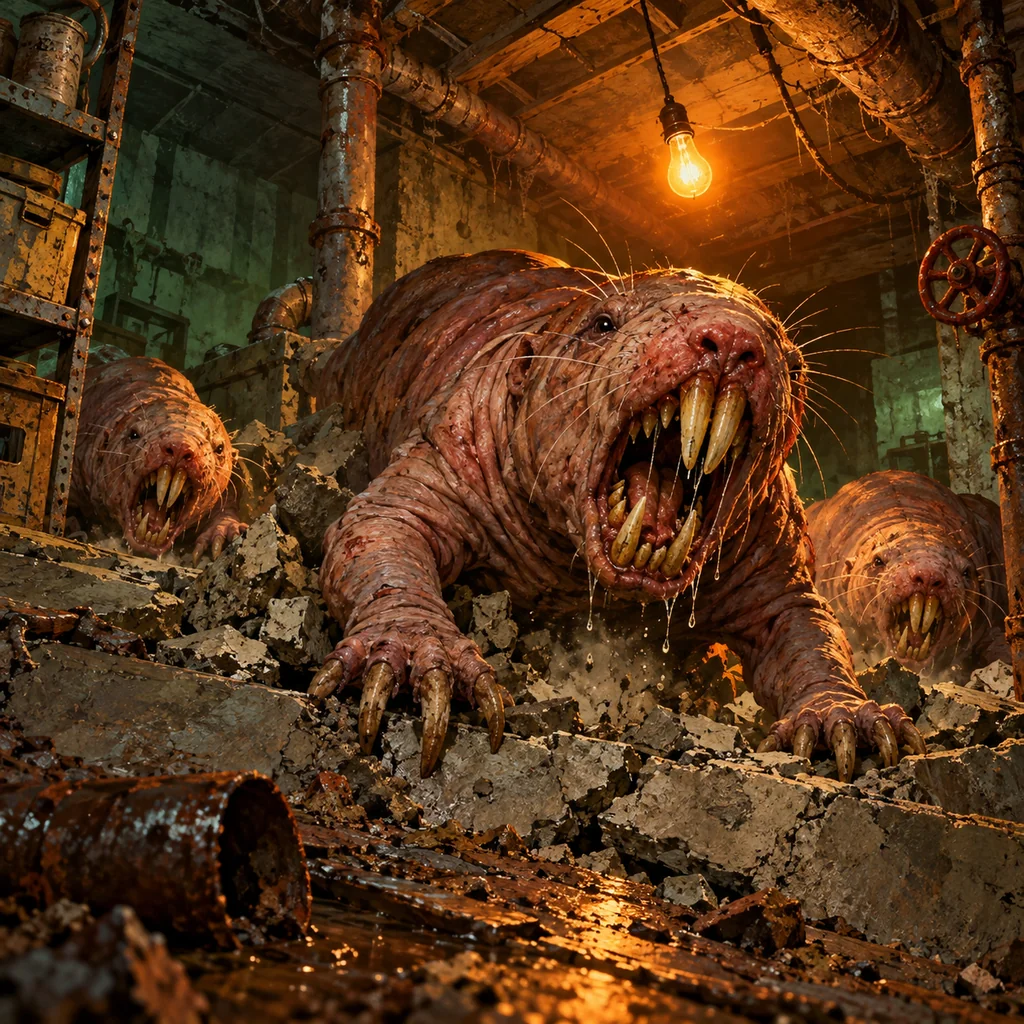 Mole-Rats in My Basement cover artwork: mutated hairless mole-rats breaking through the concrete floor of a cellar, exposed pipes and a single swinging light bulb.