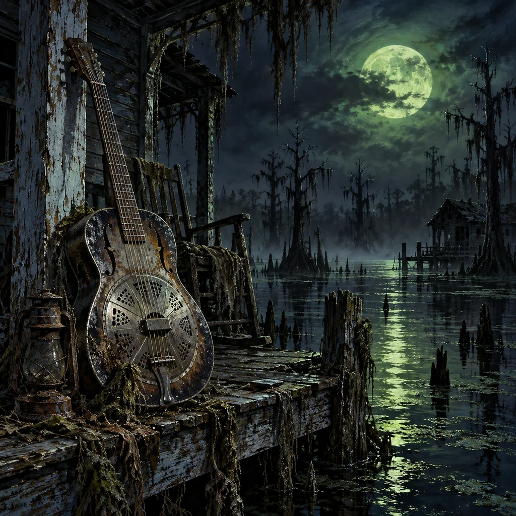 Murkwater Blues cover artwork: a weathered resonator guitar resting against an old swamp porch, heavy black water reflecting a green moon, eerie metal record mood.