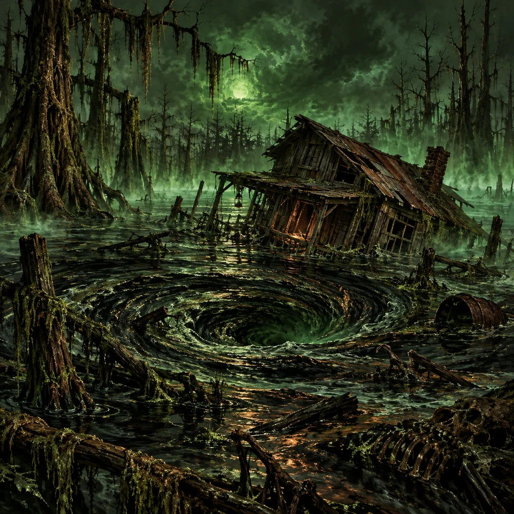 Murkwater cover artwork: a black swamp whirlpool surrounding a half-sunken shack, skeletal cypress trees and green luminous mist.