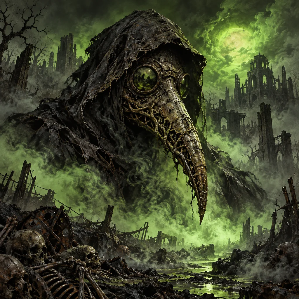 My Name Is The Plague cover artwork: an imposing hooded plague-doctor mask rising from smoke, its long beak made of corroded steel and roots.
