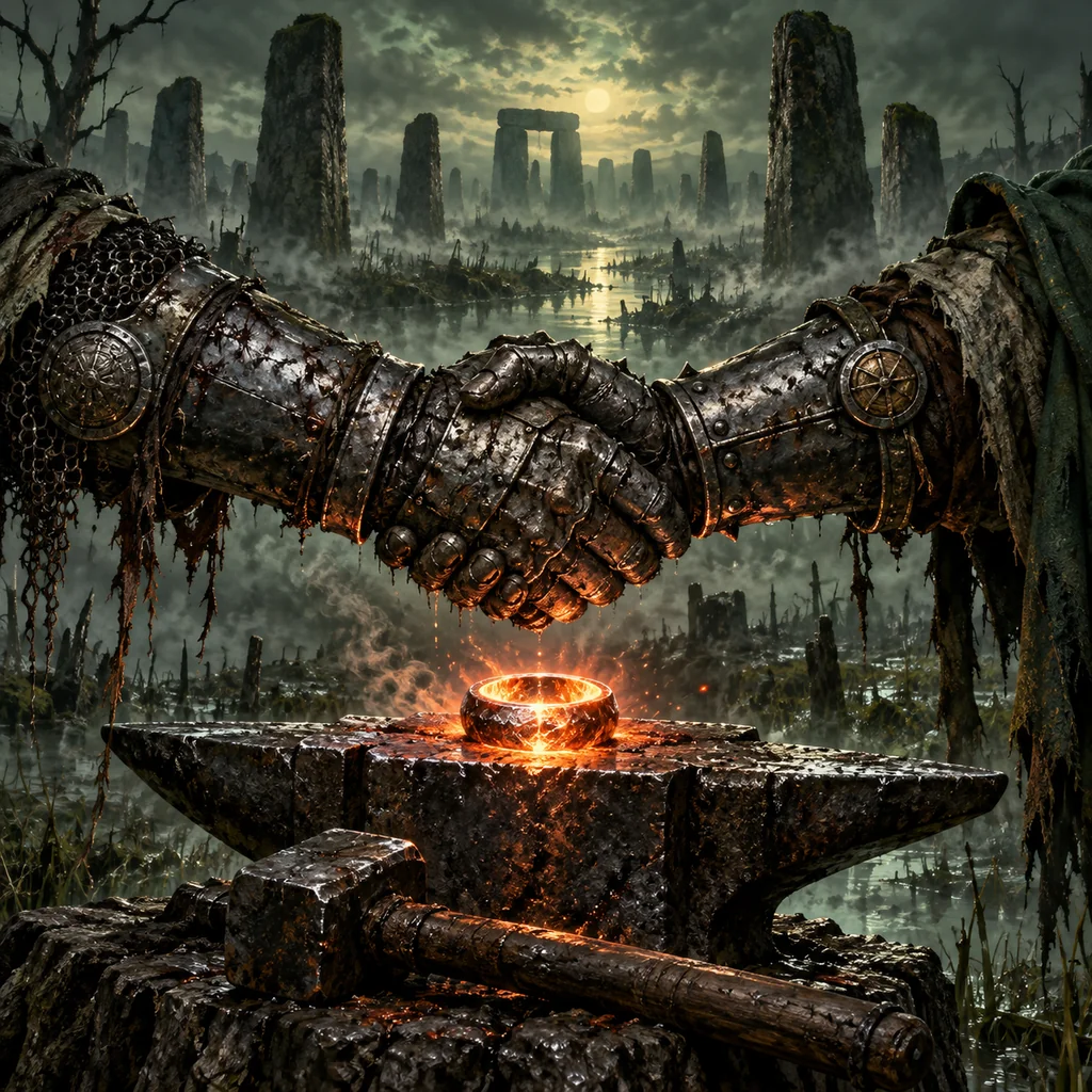 My Word to a Kinsman Is a Bond of Steel cover artwork: two scarred gauntlets clasped in an oath above an anvil, a forged steel ring glowing amid swamp mist and distant standing stones.