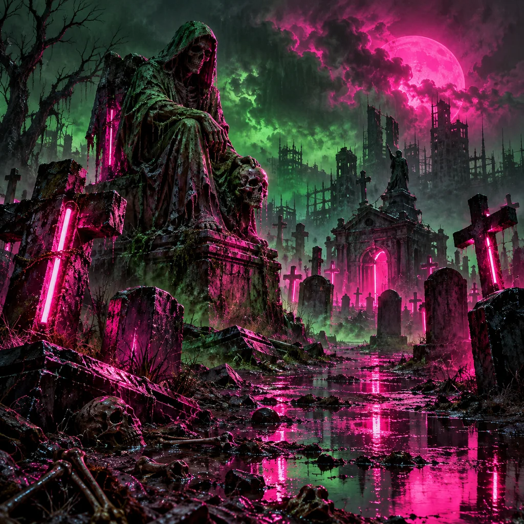 Neon Graveyard cover artwork: a derelict cemetery illuminated by broken neon tubes, electric pink reflections on black rain-soaked headstones.