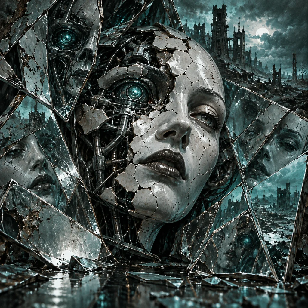Nothing Is What It Seems cover artwork: a cracked human porcelain face revealing cold machine components behind it, distorted reflections in shards of mirror.
