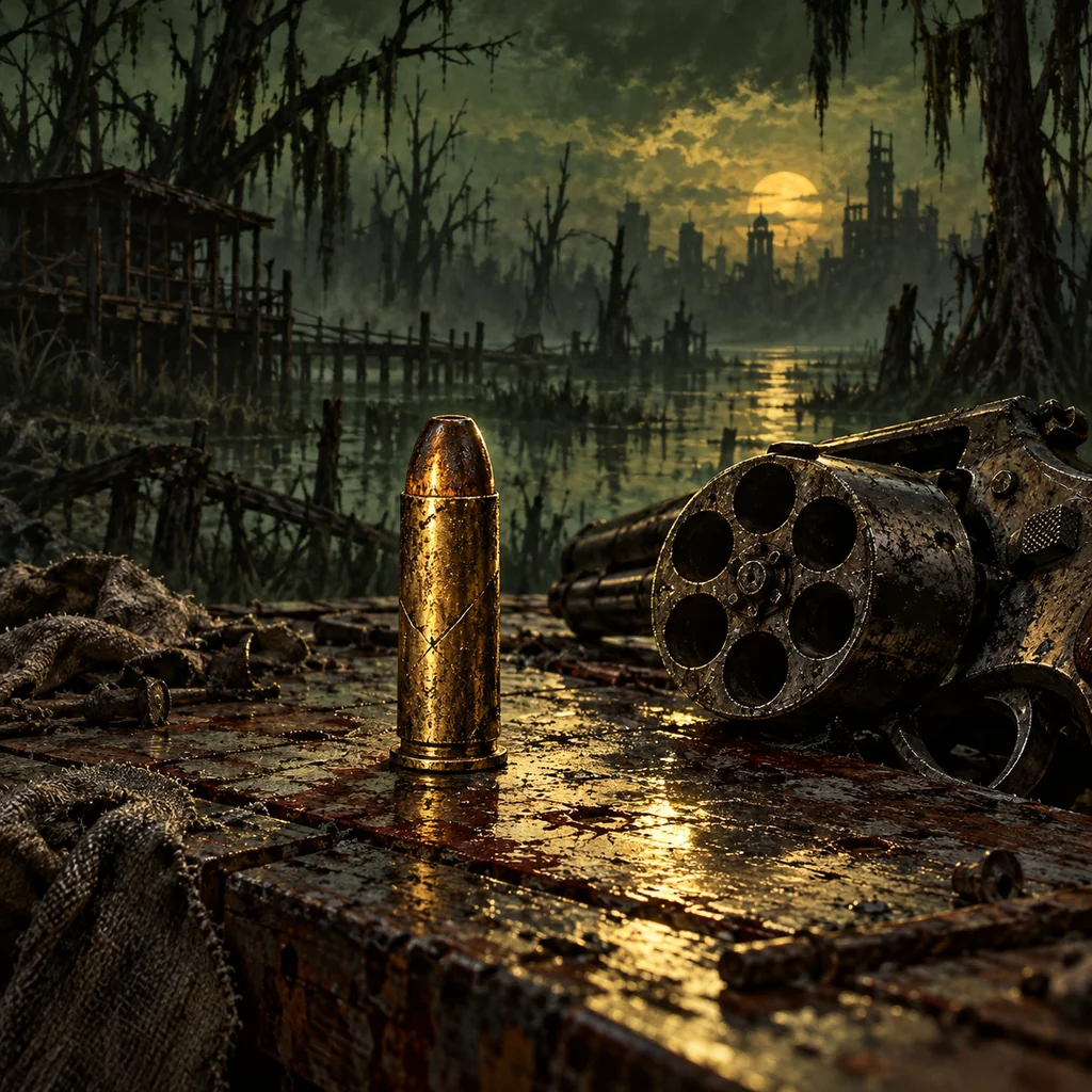 One Shot Left cover artwork: a single brass cartridge standing upright on a scarred table, an open empty revolver cylinder and encroaching swamp shadows.
