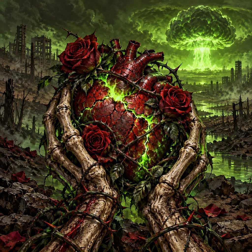 Radioactive Love cover artwork: two skeletal hands cradling a cracked glowing heart, radiation-green veins and thorned red roses weaving through it.