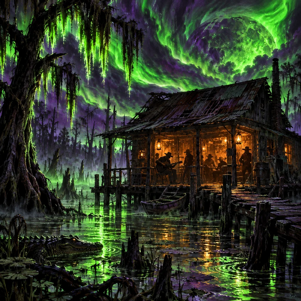 Radioactive Nights cover artwork: a swampland juke joint under a radioactive aurora, hanging moss lit by green flames and silhouettes at the doorway.