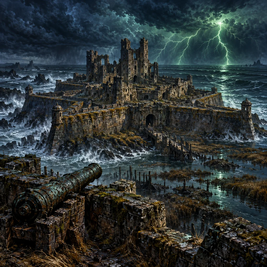 The Castle cover artwork: a star-shaped ruined coastal stone fort rising above tidal marsh, an old cannon and green lightning across a black sea.