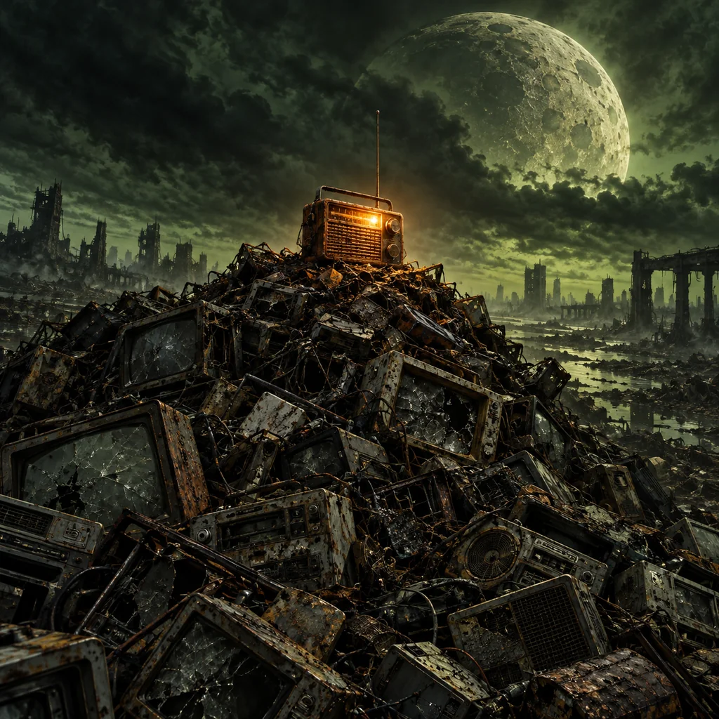 The Last Radio on Earth cover artwork: one tiny glowing transistor radio on an immense mound of dead electronics beneath a lifeless moon.