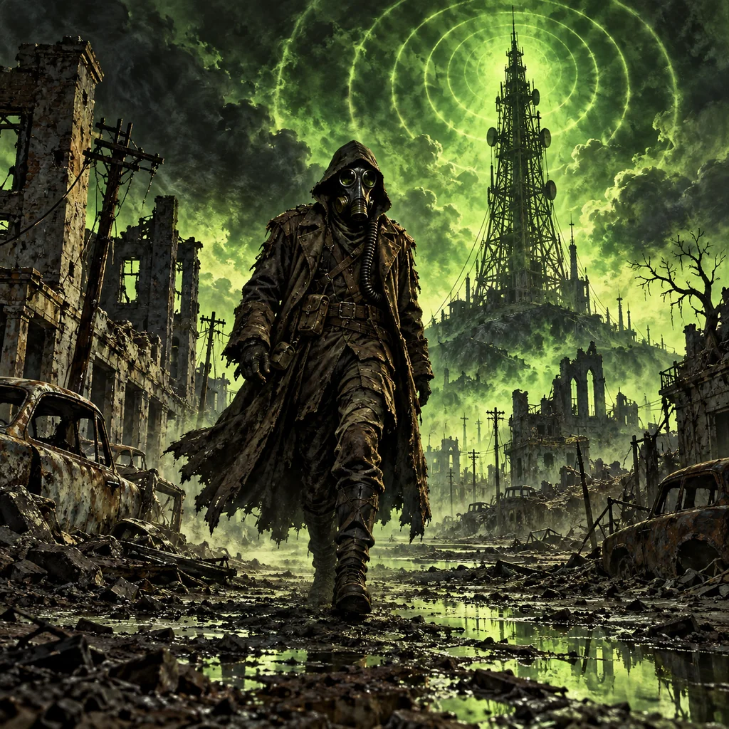 The Man They Call The Plague cover artwork: a mysterious long-coated gas-mask wanderer striding through a ruined main street, a giant radio tower behind him.
