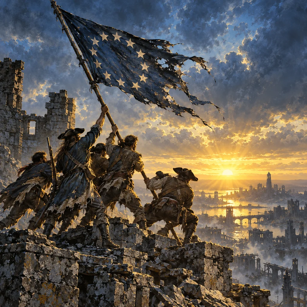 The Minutemen Live On (The Quincy Five) cover artwork: five weathered silhouettes raising a battle-torn colonial star banner on ruined stone battlements at dawn.