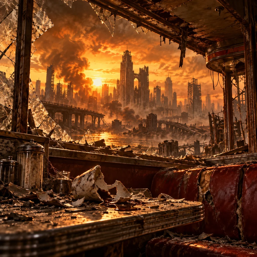 The Old World Is Gone cover artwork: a collapsed retro-futuristic city skyline seen through a broken diner window, shattered coffee cup and ash drifting inside.