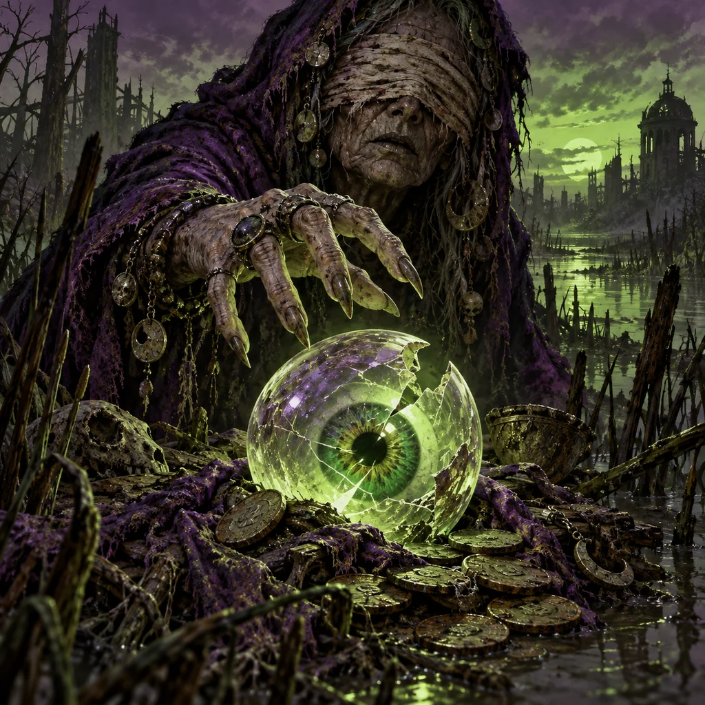 The Sight Ain't Free cover artwork: a blind fortune-teller hand hovering above a fractured glowing glass eye, tarnished coins and swamp reeds around it.