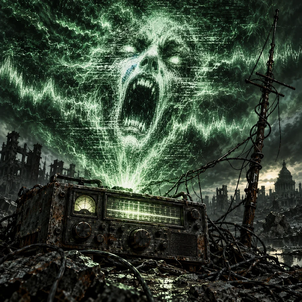The Voice in the Static cover artwork: a ghostly screaming face emerging from green radio static above a battered shortwave receiver and tangled antenna wire.