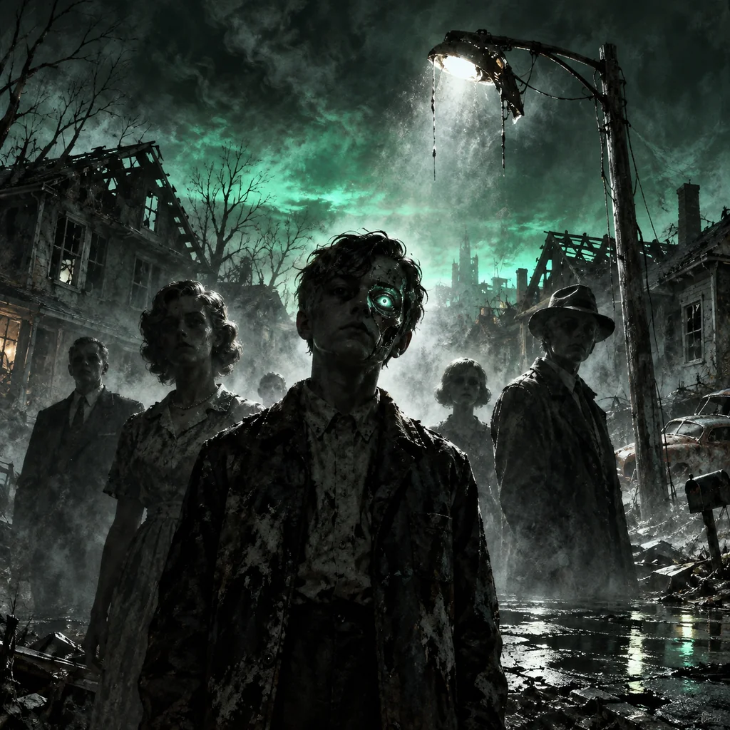They're Already Here cover artwork: ordinary shadowed suburban figures standing motionless beneath a broken streetlight, one face revealing a synthetic metal eye.