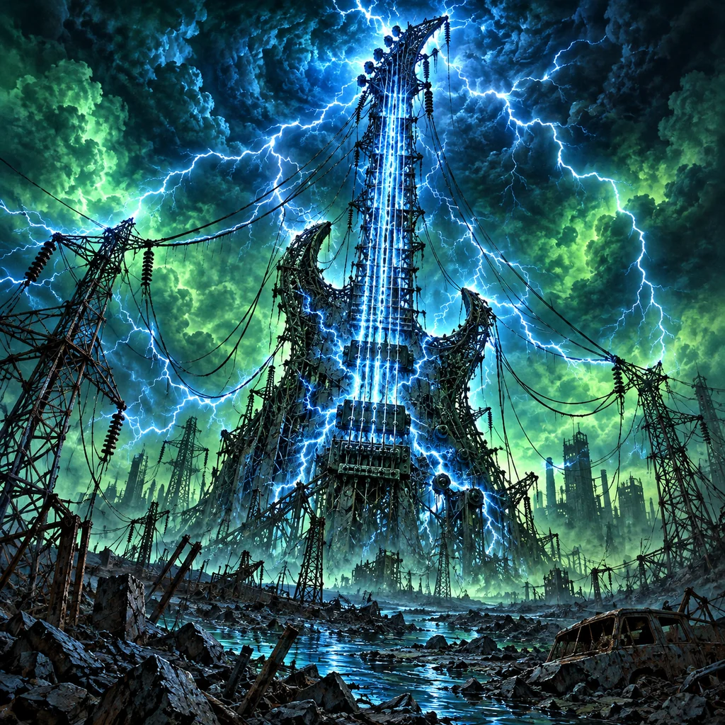 Thunder in the Wire cover artwork: an electric guitar shape emerging from high-voltage pylons and broken power lines, violent lightning crackling down every wire.