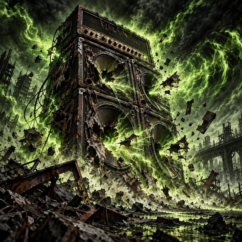 Turn It Up cover artwork: a towering battered amplifier stack erupting with green sonic energy, torn speaker cones and flying rust fragments.