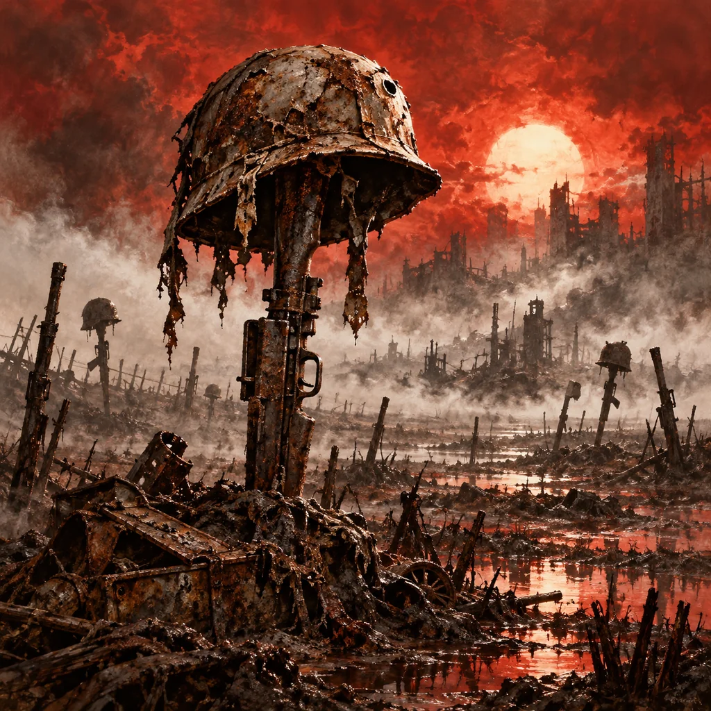 War Never Changes cover artwork: a corroded combat helmet on a battlefield memorial, generations of ruined weapons receding into smoky marsh mist.