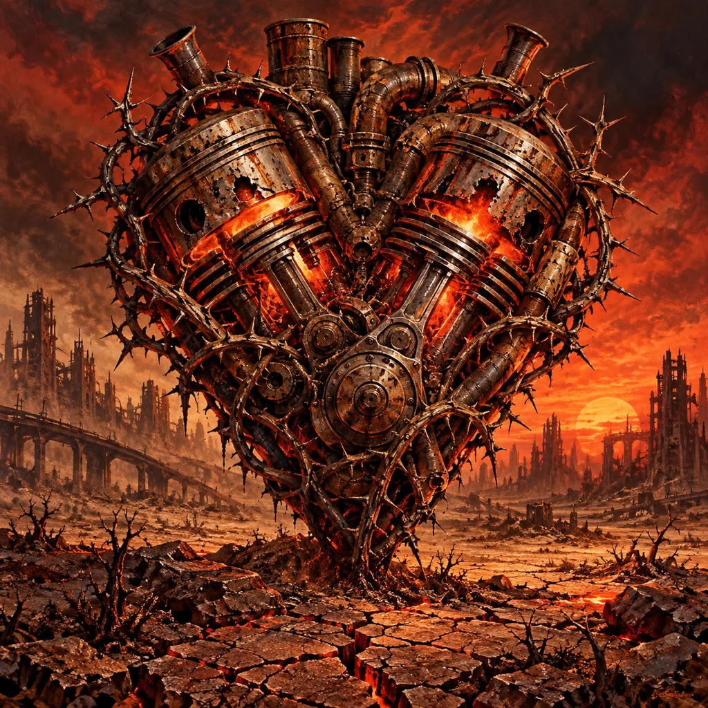 Wasteland Heart cover artwork: a heart-shaped engine made of corroded pistons, glowing valves and desert thorns beating in a cracked wasteland landscape.