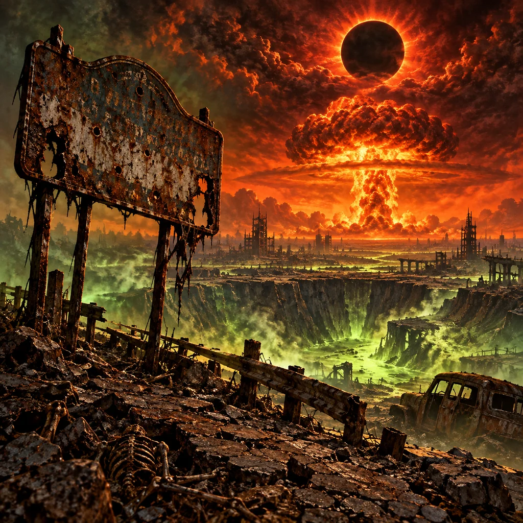 Welcome to the End cover artwork: a weathered empty roadside welcome sign at the edge of an apocalyptic crater, a distant mushroom cloud under a black sun.