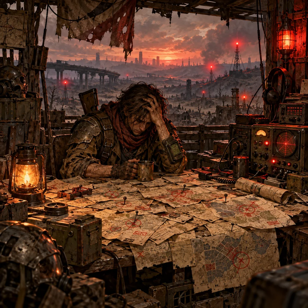 Yet Another Settlement Needs Our Help cover artwork: an exhausted wasteland scout surrounded by dozens of paper distress maps and flickering radio beacons in a ramshackle command shack.