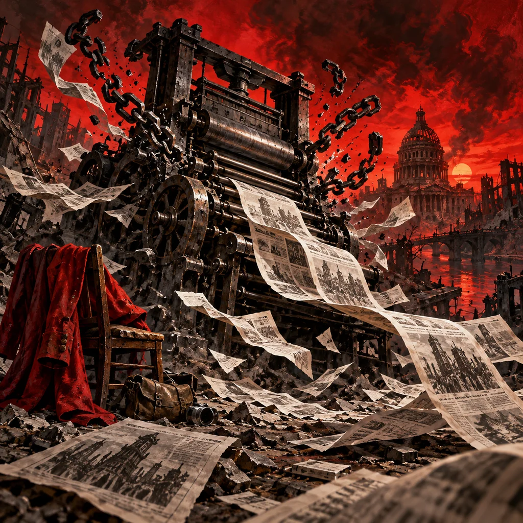 You Can't Stop the Press (Piper's Story) cover artwork: a battered printing press smashing through chains, loose newspaper pages sweeping over ruined city streets, red coat hanging from a chair.