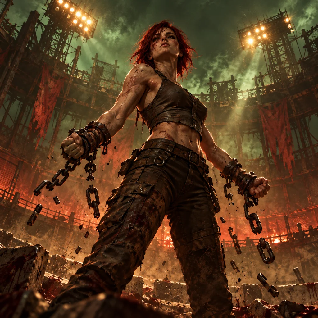 You Don't Own Me (Cait's Story) cover artwork: a red-haired fighter silhouette standing beneath broken arena lights, severed chains falling from leather-wrapped wrists.