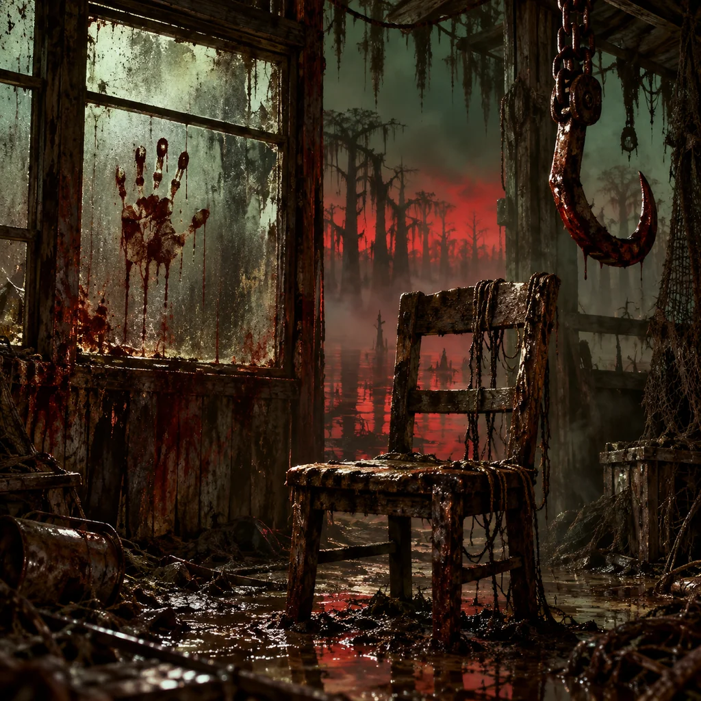 You're Next cover artwork: a muddy handprint on fogged glass, a looming rusted hook and an empty chair in a dark swamp shack.