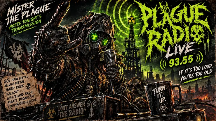 Mister The Plague beside a large luminous green pirate-radio transmitter display and Plague Radio live logo