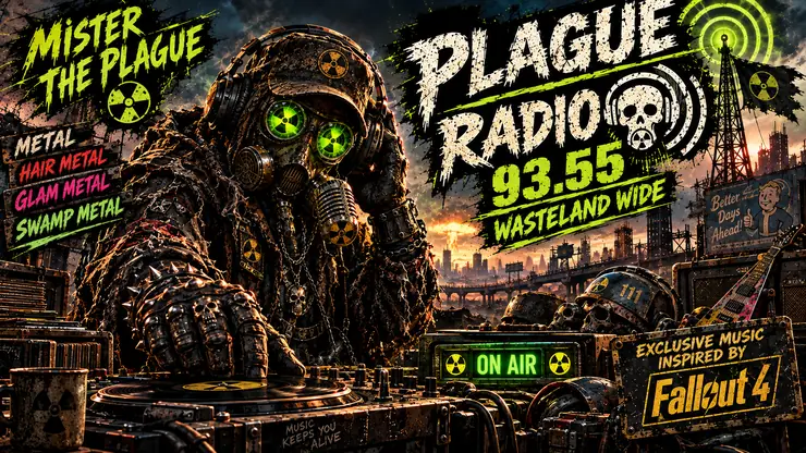 Gas-masked Mister The Plague at a radio console beside the Plague Radio 93.55 FM sign and ruined city