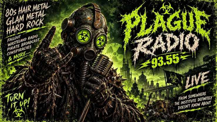 Original Plague Radio station poster featuring a masked wasteland DJ and radioactive-green 93.55 FM lettering