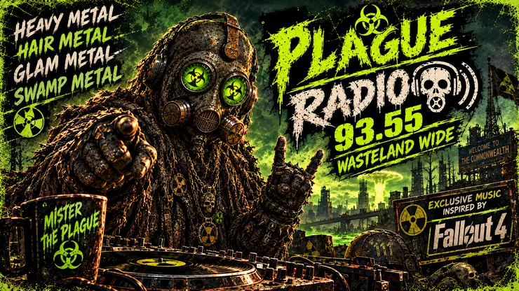 Plague Radio 93.55 FM image of a masked radio host pointing amid decaying city buildings