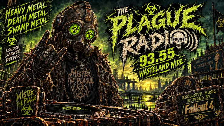 Wasteland pirate radio poster with hooded gas-mask host, Plague Radio sign and abandoned skyline