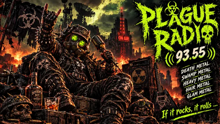 Masked wasteland guitar performer before a collapsing city and glowing Plague Radio 93.55 FM logo